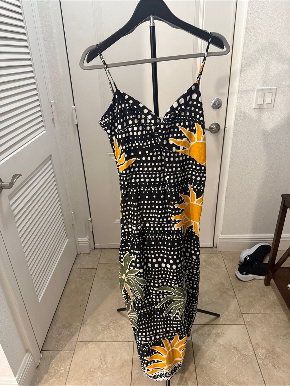 LOFT Black Maxi Slip Dress with Yellow Sun & Green Leaf Print